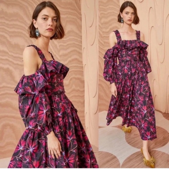 New! Ulla Johnson Caprice Purple Red Floral Print Cotton Midi Dress 22746 - Picture 1 of 15